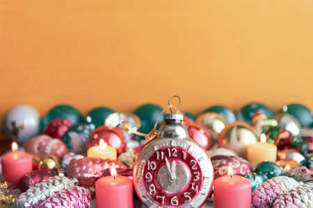 Retro Alarm Clock, balls Christmas Tree Decorationsの写真素材