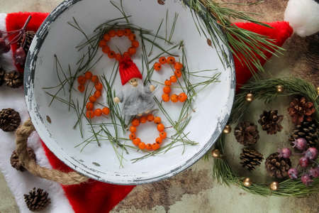 New Year 2020. Rowan berries and winter decorations