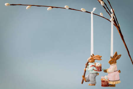 Easter decorations in the form of hares on a willow branch