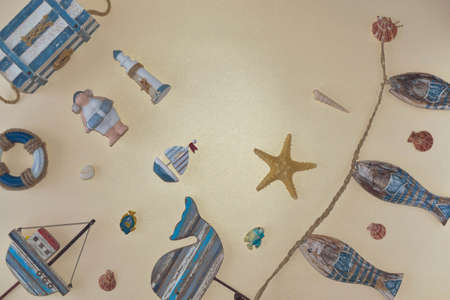 Nautical life style items: sea shells, fish, rope, lifebuoy Marine concept