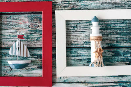 Marine theme - ceramic fish and nautilus in multi-colored framesの写真素材