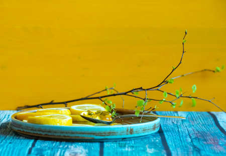 Vitamins needed in the spring - Vitamin C in lemon and fish oilの写真素材
