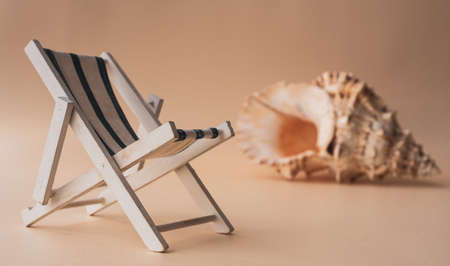 An empty chaise lounge and a seashellの写真素材