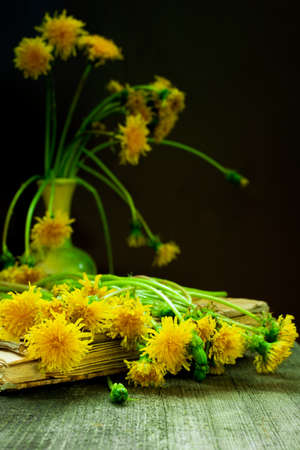 Bouquet of dandelion flowers and photo album on wooden table rustic.の写真素材