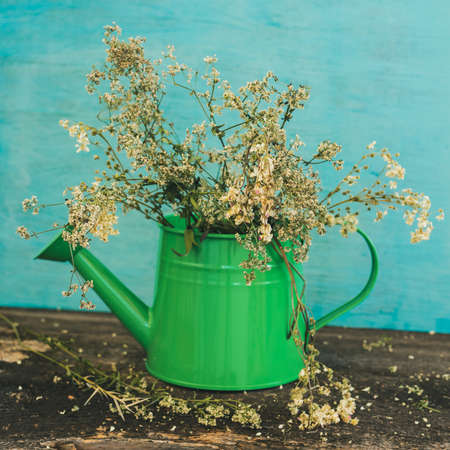 Wildflowers in a green watering can on a wooden rustic table.の写真素材
