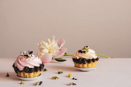 Pink peonie, cream cakes and flower tea.