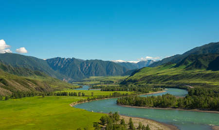 The winding Katun River flowing through a mountain valley, Altai Mountains, Siberia