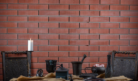 Antique coffee maker and old cast iron kitchen utensils on canvas.の写真素材