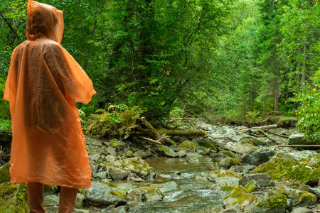 A woman in an orange raincoat stands in the forest by a mountain river in rainy weather.の写真素材