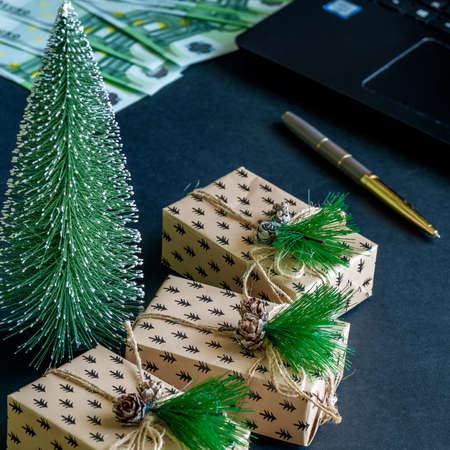 New year gift boxes on desktop in officeの写真素材