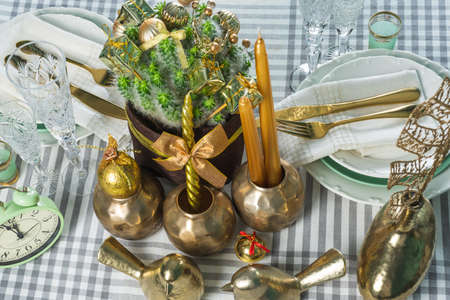 New Years festive table setting, cutlery, decorations, New Years decor, Christmas serving