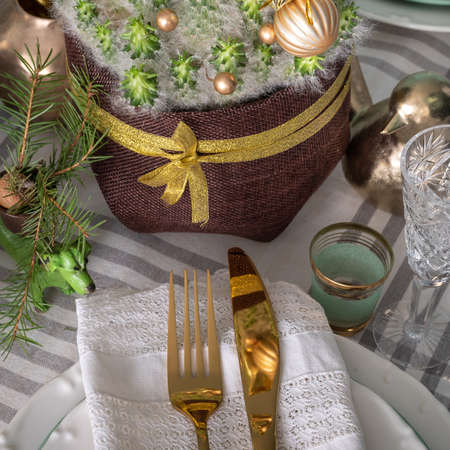 New Years festive table setting, cutlery, decorations, New Years decor, Christmas serving