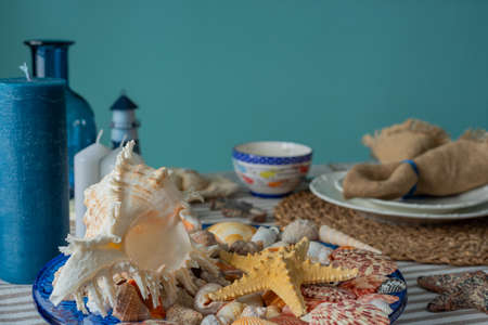 Marine style in the interior, table setting in a sea styleの写真素材