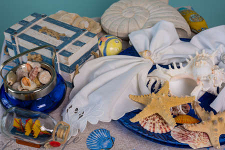 Marine style in the interior, table setting in a sea styleの写真素材