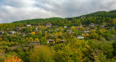 Old traditional Bulgarian houses in mountain village of Kovachevitsa. Traditional slan stone roofsの写真素材