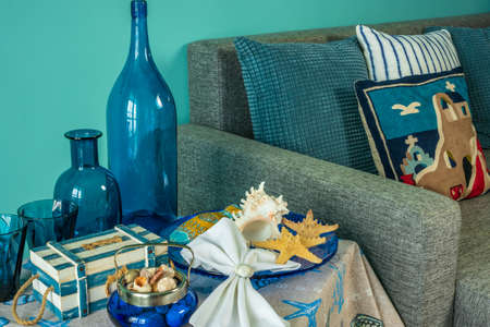 Marine style in the interior, table setting in a sea styleの写真素材