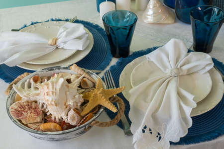 Marine style in the interior, table setting in a sea styleの写真素材