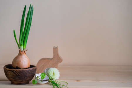 Green bow, easter decoration and space for textの写真素材
