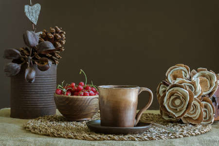 Flowers from natural materials. Beige-brown tones. The concept of natural materials and nature conservationの写真素材