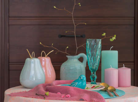 Table setting in pink and turquoise colors, spring dayの写真素材