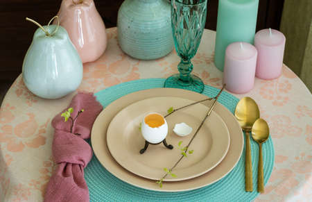 Spring table set for Easter - a chicken egg and a twig with the first leaves on a plateの写真素材