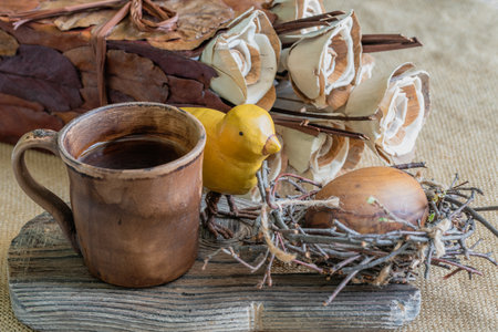 Easter composition made of natural materials with beige-brown color.の写真素材