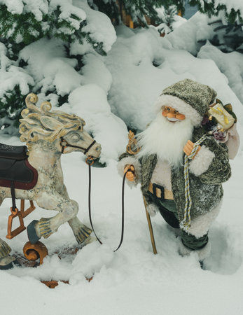 Toy Santa Claus with a wooden rocking horse in the snow under the Christmas treeの写真素材