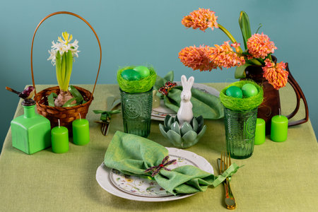 Easter table setting with hyacinths on a green linen tableclothの写真素材