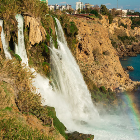 Waterfall Duden falling into the Mediterranean sea. Antalya - Turkeyの写真素材