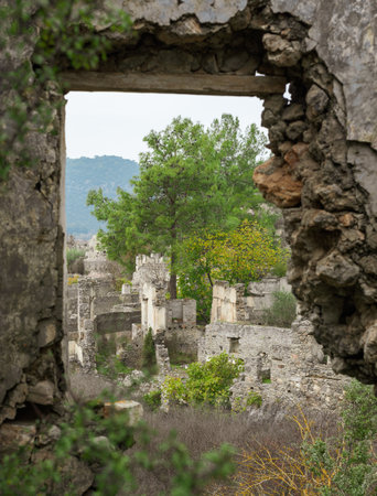 Abandoned Greek village in Turkey. Stone houses and ruins of Fethiye Kayakoy.の写真素材