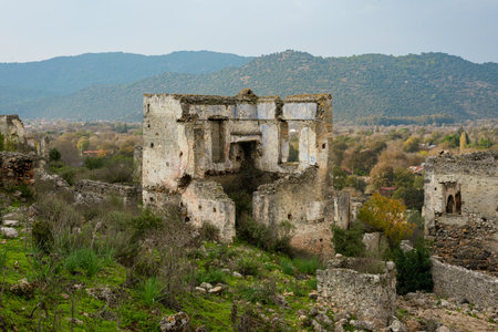 Abandoned Greek village in Turkey. Stone houses and ruins of Fethiye Kayakoy.の写真素材