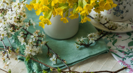 Spring still life with yellow primroses, an apple branch and a cup