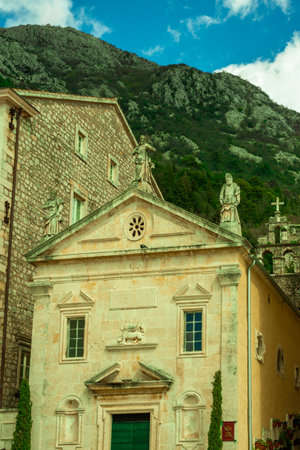 View of ancient Orthodox Church of St Peter and Paul. Religious architecture Montenegro Risan town.