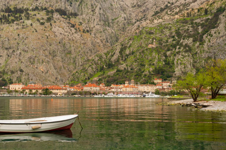 Boat in the Bay of Kotor one of the most beautiful places of the Adriatic Seaの写真素材