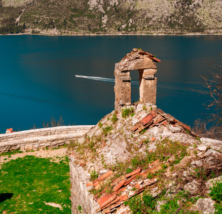 Beautiful view of the Bay of Kotor and the Church of Our Lady of the Angels Lepetane Montenegroの写真素材