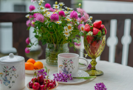 Morning tea with flowers and fruits on the terrace of a country house.の写真素材