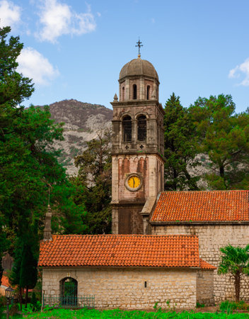View of ancient Orthodox Church of St Peter and Paul. Religious architecture Montenegro Risan town.の写真素材