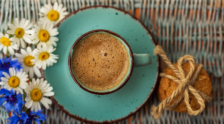 Morning blue cup of coffee, cookies, chamomile and cornflowers. Creative breakfast for Womens Dayの写真素材