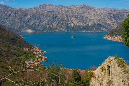 View of the Bay of Kotor from the mountain village of Gorny Stoliv, Montenegro.の写真素材
