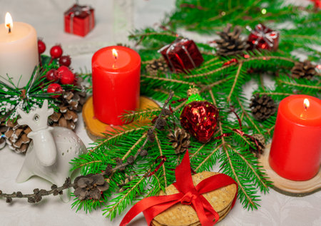 Christmas decoration - fir branches and burning red candlesの写真素材