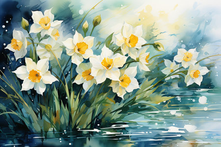 Daffodil flowers with green leavesの素材