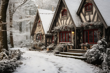 Enchanting Snow-Covered Forest House with Festive Christmas Garlands and Exquisite Decorationsの素材