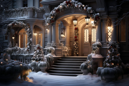 Enchanting Snowy Forest House Adorned with Sparkling Christmas Decorations and Cozy Warm Lightsの素材