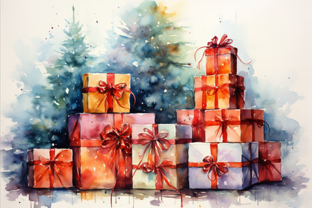 Christmas gifts in boxes with red ribbons on a background of green fir trees.の素材