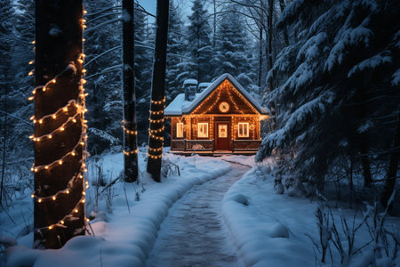 Charming Snow-Covered House in Enchanting Forest adorned with Sparkling Christmas Lightsの素材