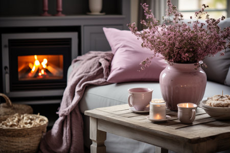 Room interior with a sofa, flowers in a vase and a cup of tea. Fireplace with live fire.の素材