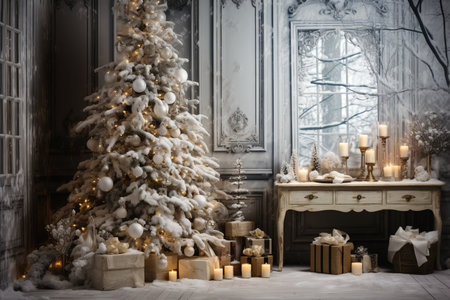 Snow-covered Christmas tree with a wooden table with gifts and burning candles in a room with a door and windowの素材