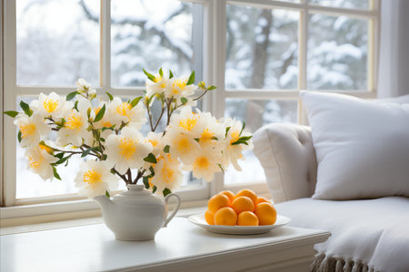 Beautiful daffodil flowers in early spring in a vase near a snow-covered window with a sofaの素材