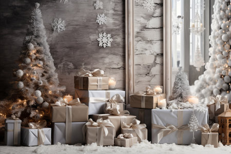 Christmas tree and gifts in a room decorated with white wooden wall and snowの素材