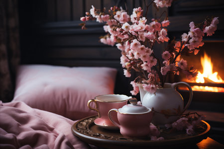Comfortable room with a bed, flowers, tea cup. Evening, pink tonesの素材